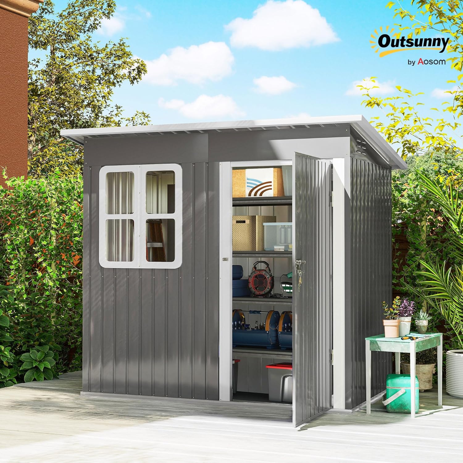 Outsunny Casetta da Giardino Porta Attrezzi in Lamiera Acciaio Zincato, 2.55m² Capanno da Giardino con Porta Blocco Tetto Inclinato, Capannone per Prato, Patio, Cortile, Esterno, 221x133x190cm, Grigio