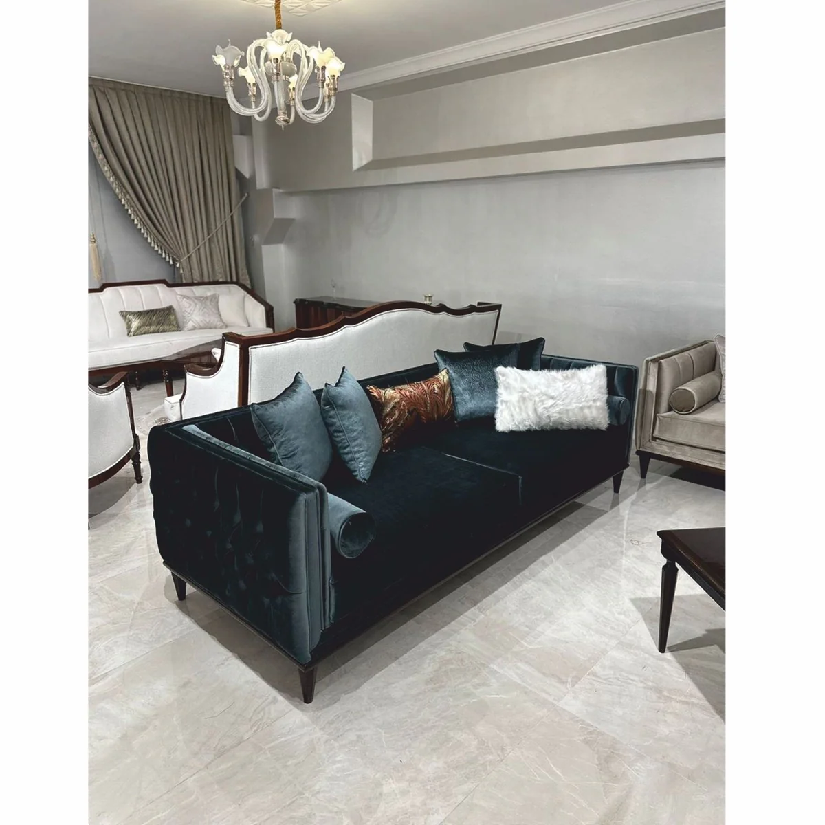 Luxury Art Deco Velvet Sofa Dark Green / Dark Brown 235 cm - Living Room Furniture