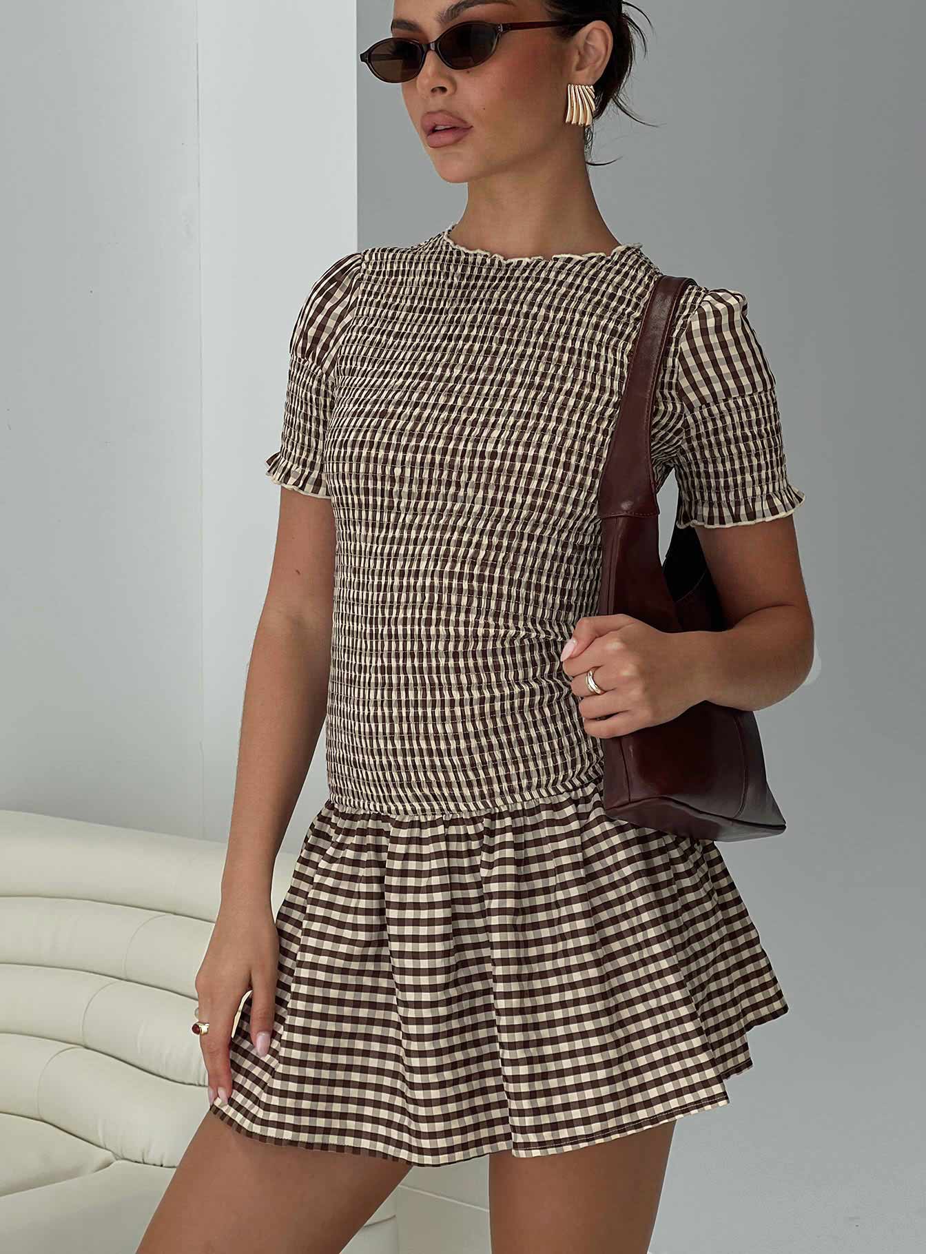 Laurita Shirred Mini Dress Brown Check Tall