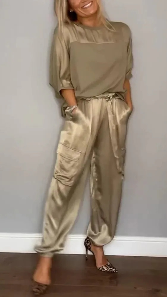 Women's Silky Loose-Fit Top and Pants Two-Piece Set - Nordfashionstorm - Women's Clothing, Fashion for You - Nordfashionstorm.com