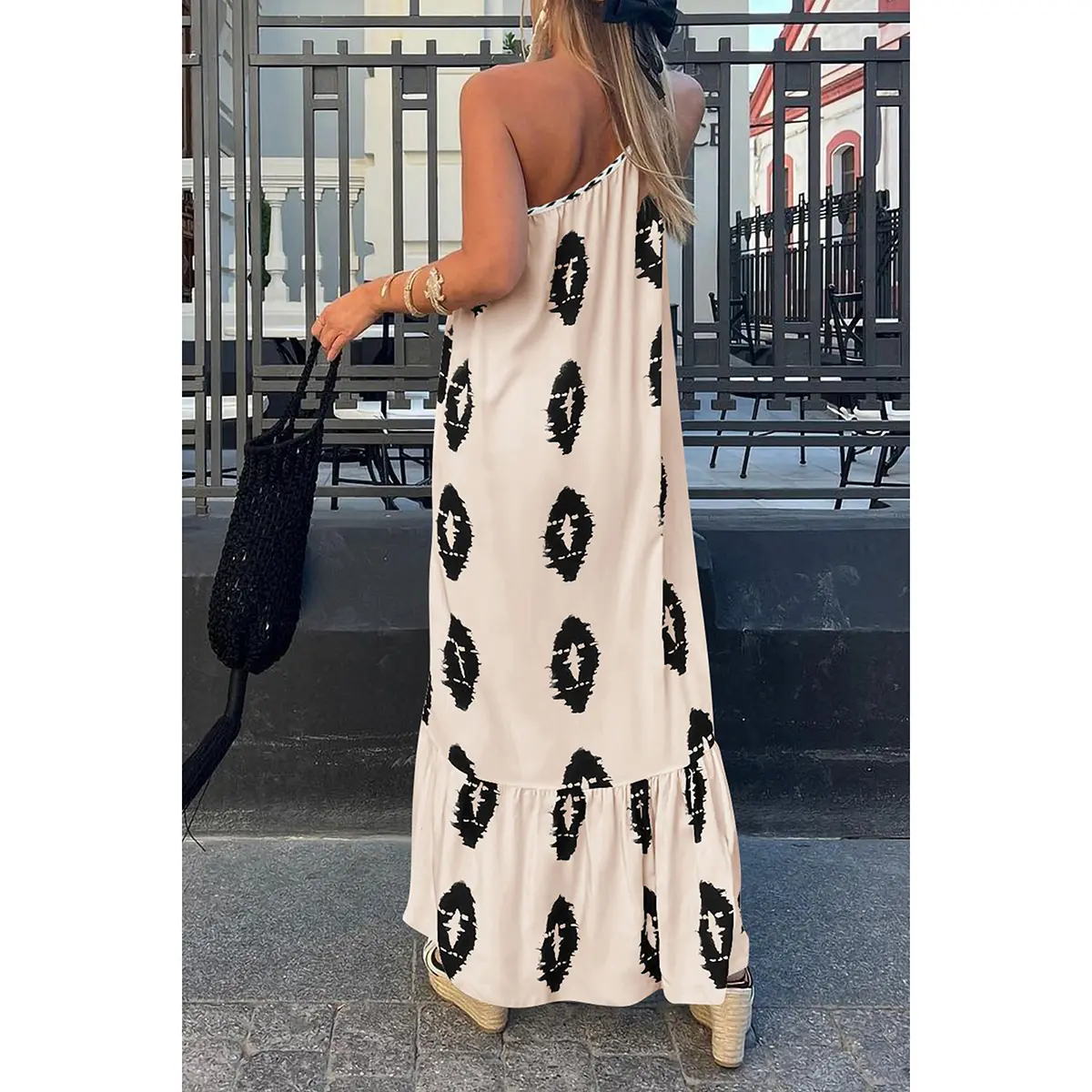 PrettyGarden Women's One Shoulder Spaghetti Strap Printed A Line Flowy Boho Maxi Long Sundress