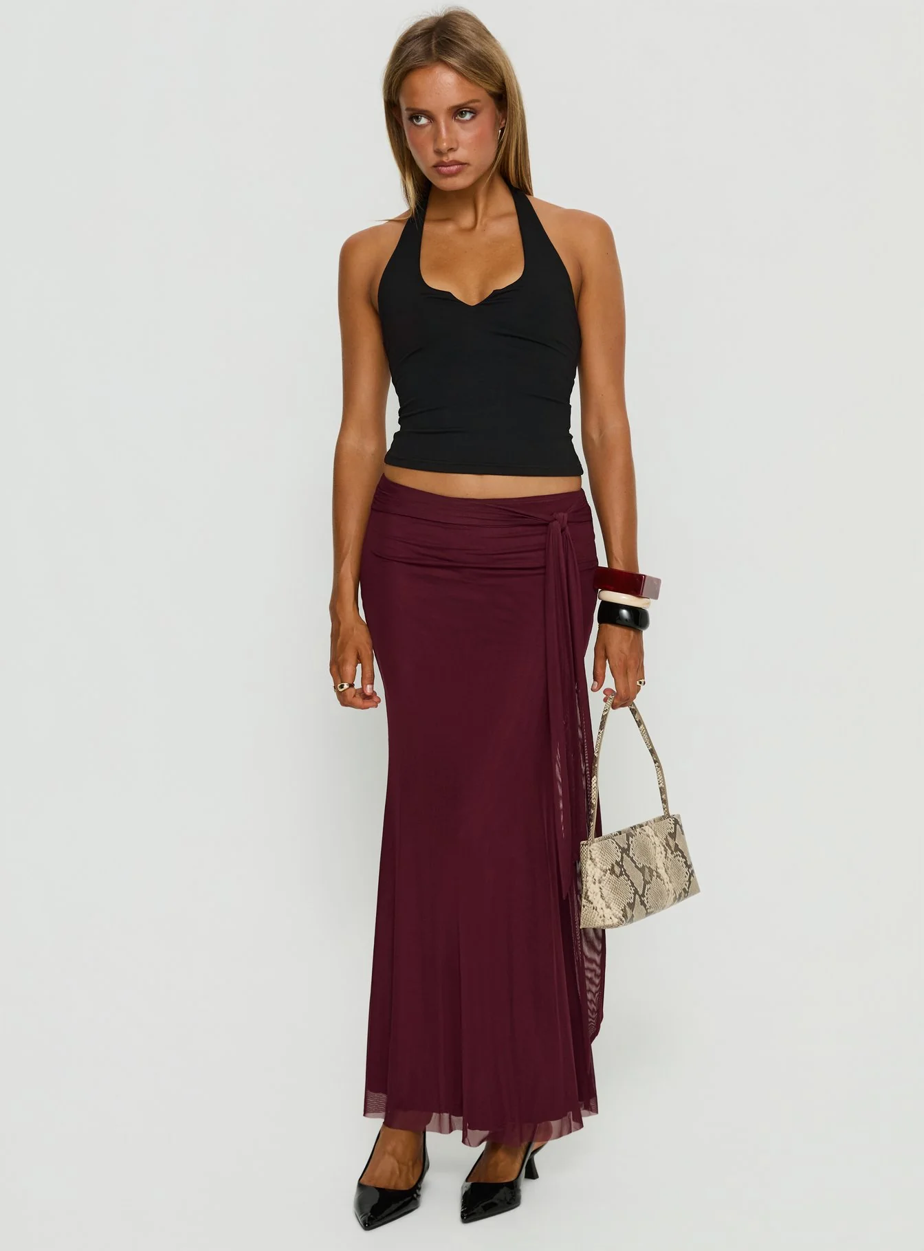 Caviar Tie Maxi Skirt Currant