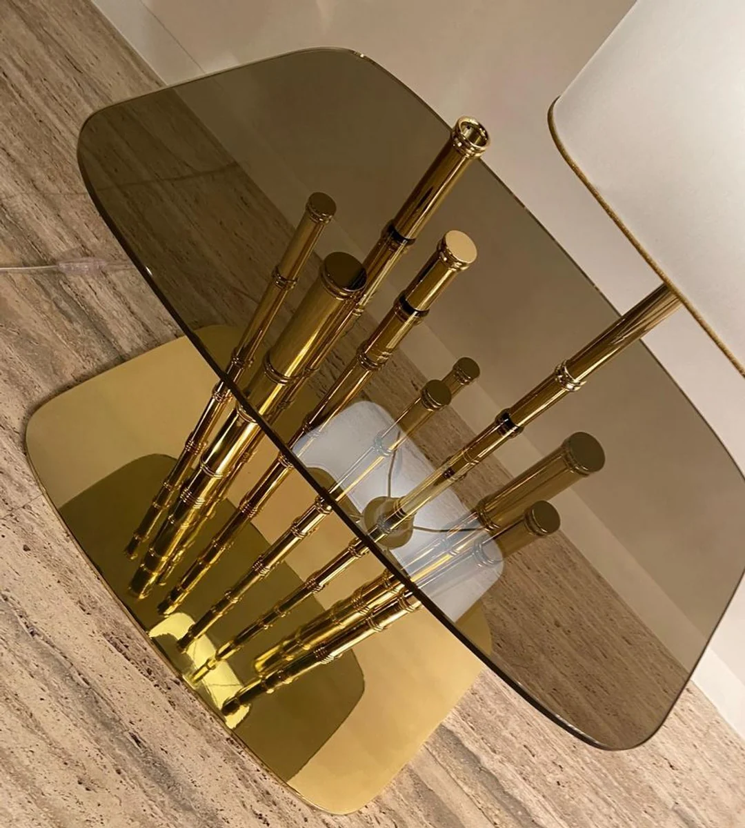 Luxury designer side table bamboo gold / black / white 70 x 45 x H. 40 cm - gold-plated brass bedside table with glass top and integrated table lamp - hotel furniture - luxury quality