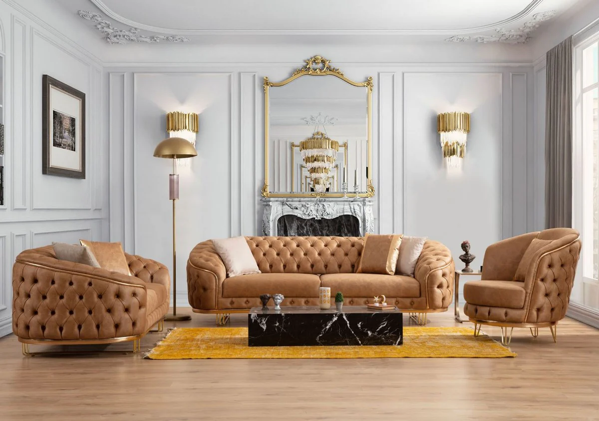 Luxury Chesterfield faux leather armchair vintage brown / brass 85 x 80 x H. 100 cm - living room armchair - living room furniture - luxury furniture - luxury living room furnishings
