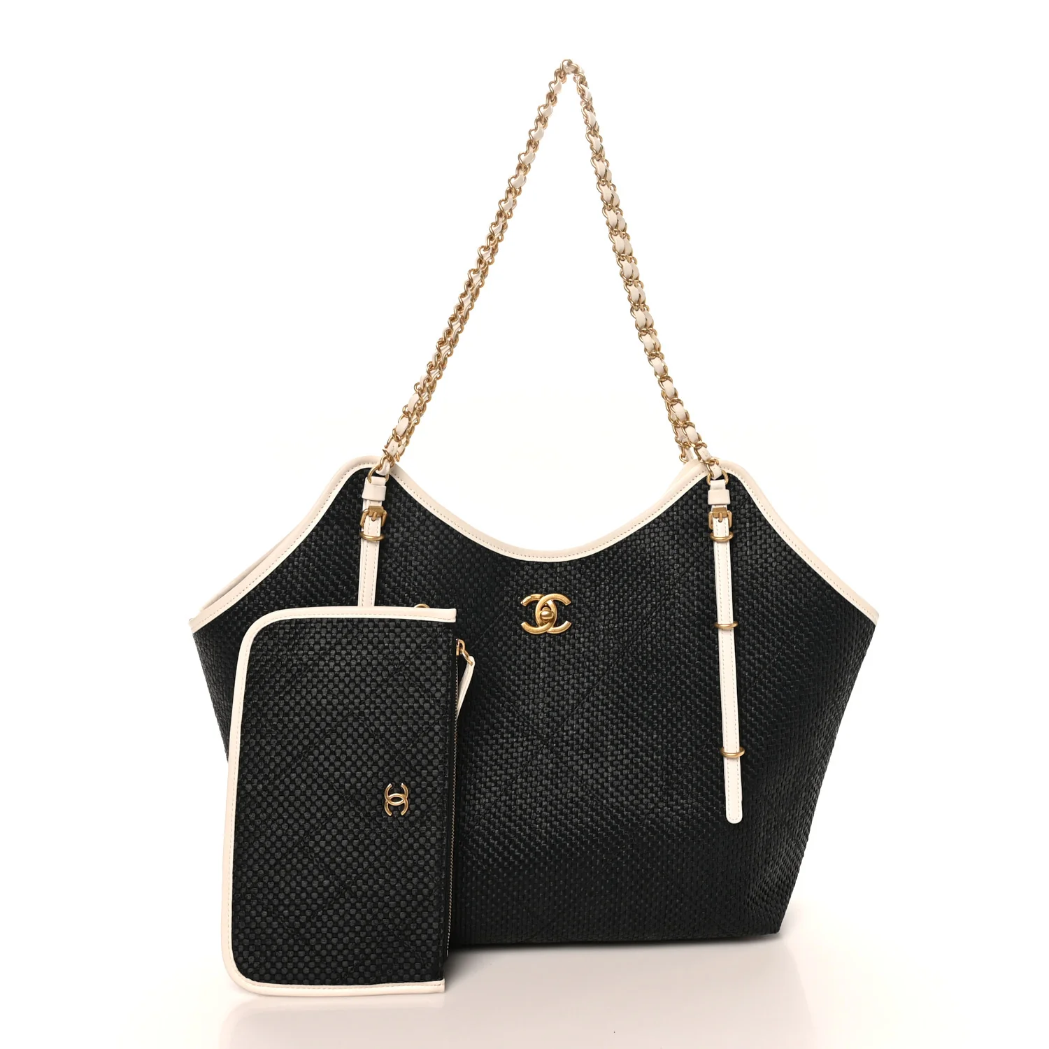 Calfskin Raffia Braided Small Shopping Tote Black White - Top Club
