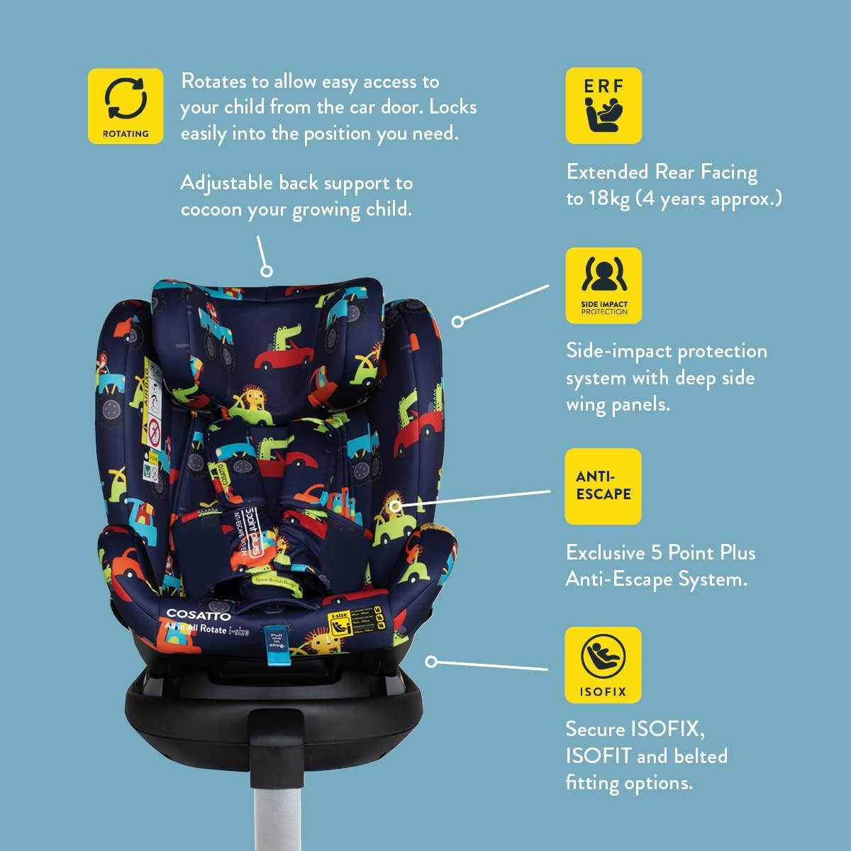 COSATTO Seggiolino Auto, All in All Rotate i-Size - Girevole a 360°, Gruppo 0+123, 0-36 kg, 0-12 anni, ISOFIX, ERF, Antifuga (Nature Trail Shadow)