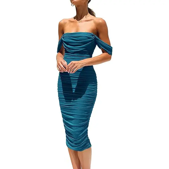 PrettyGarden Women's Summer Midi Dress Off Shoulder Ruched Bodycon Dresses Sleeveless Fitted Party Club Cocktail Womenswear