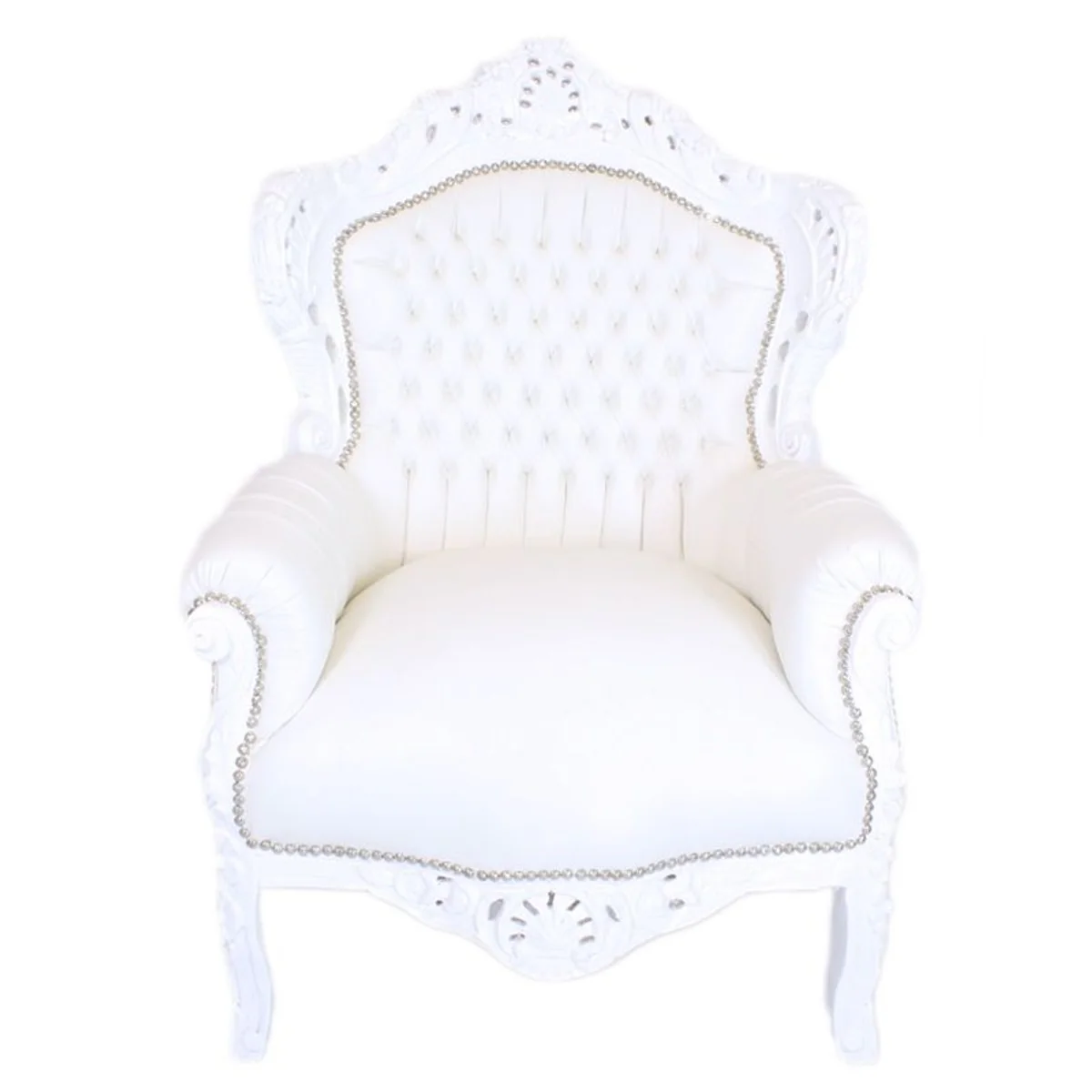 Baroque armchair King in white leather look with glittering stones - Limited Edition