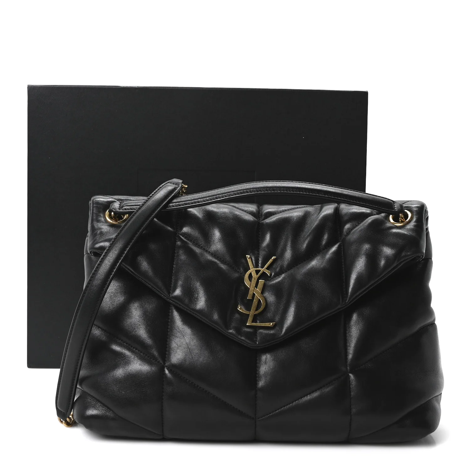 Lambskin Quilted Medium Loulou Puffer Monogram Chain Satchel Black - Top Club