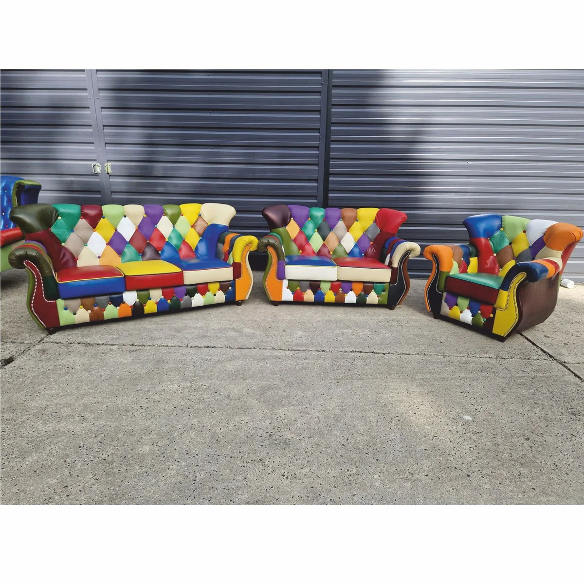 Luxury Chesterfield Leather 3 Seater Sofa Colorful / Dark Brown 200 cm - Patchwork Real Leather Furniture
