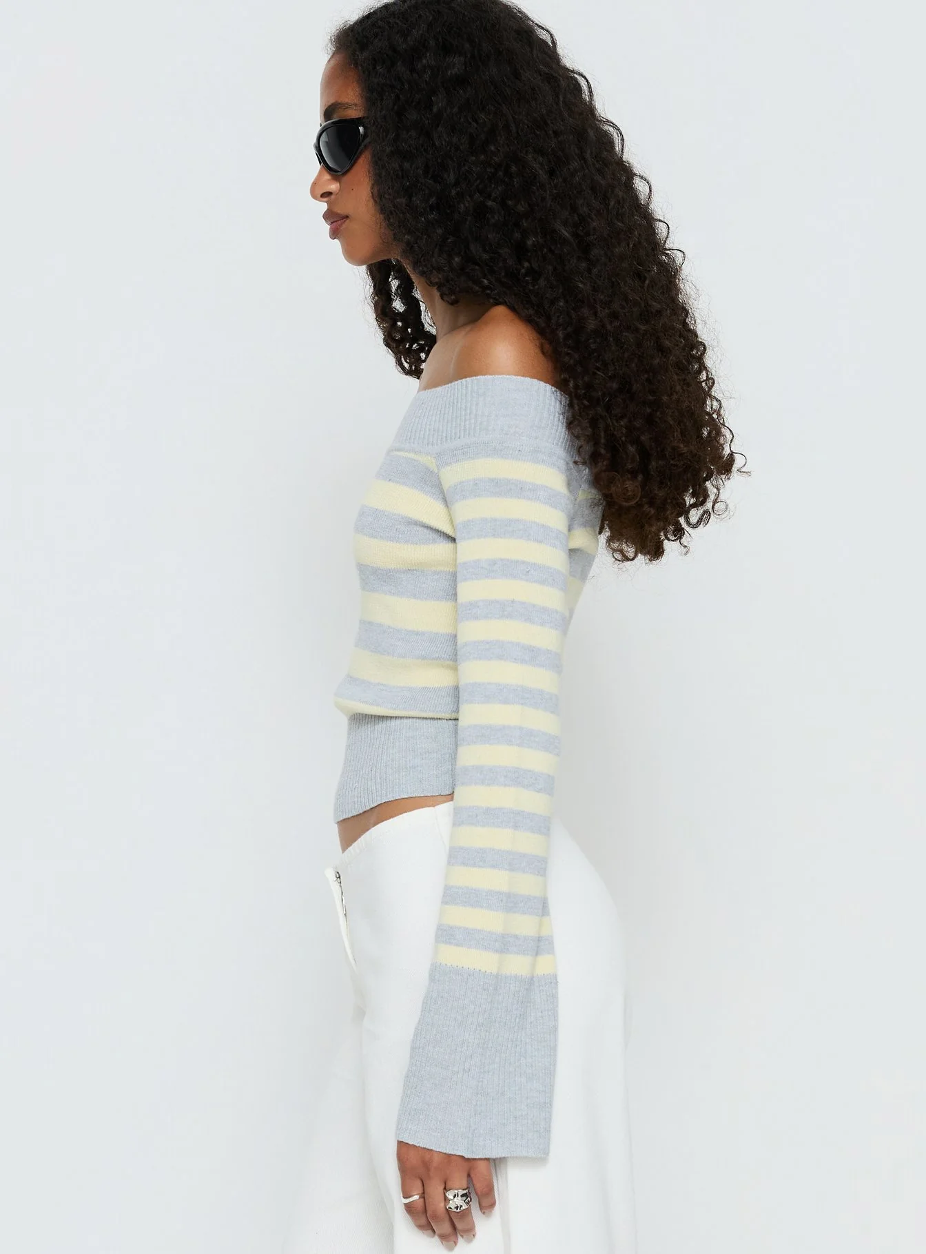 Perrey Long Sleeve Off Shoulder Top Knit Yellow / Grey Stripe