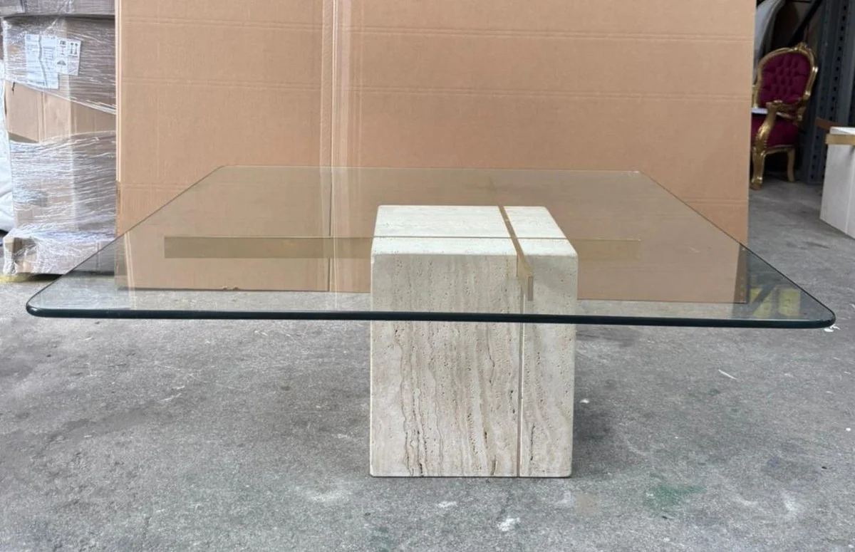 Luxury travertine coffee table with glass top beige 110 cm - luxury furniture
