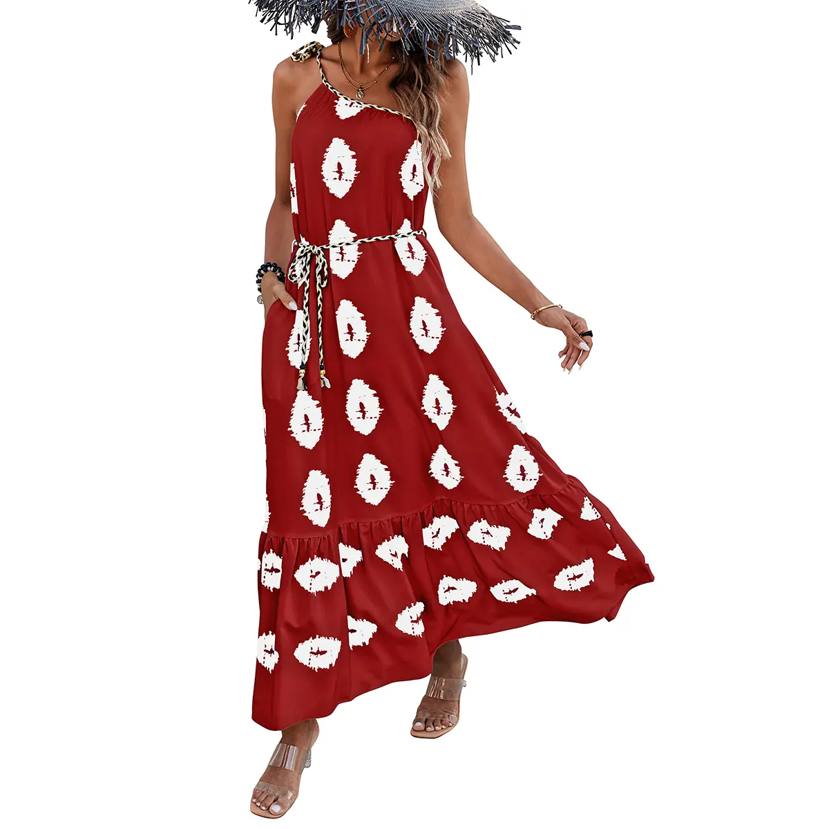 PrettyGarden Women's One Shoulder Spaghetti Strap Printed A Line Flowy Boho Maxi Long Sundress