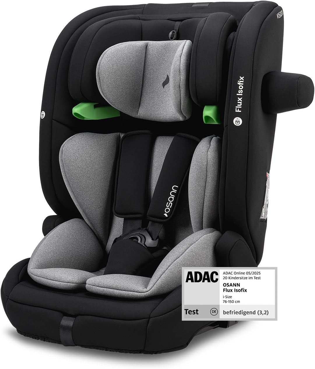 OSANN - Seggiolino Auto Bambini Flux Isofix i-Size Top-Tether con Sensori Integrati - 76-150 cm - Da 15 mesi a 12 anni - Gruppo 2/3 - Grigio, Altezze 14 Posizioni, Rivolto in Avanti