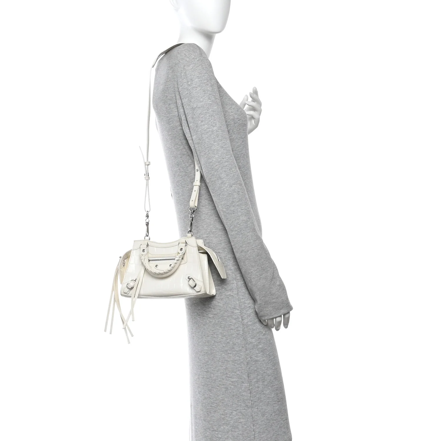 Semi Shiny Calfskin Crocodile Embossed Neo Classic Silver Hardware Nano City Crossbody White