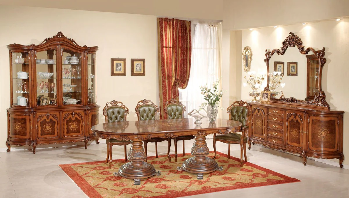 Luxury Baroque Dining Room Set Green / Brown - 1 Oval Baroque Dining Table & 8 Baroque Dining Chairs - Luxury Dining Room Furniture in Baroque Style - Baroque Furniture - Luxury Quality - Made in Italy
