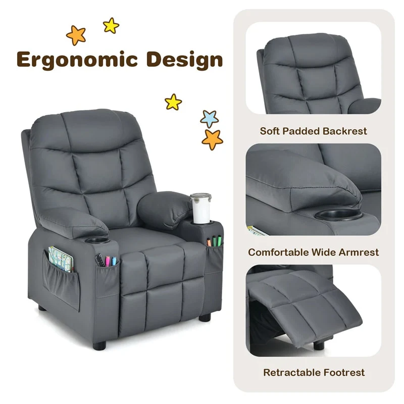Kids Recliner Chair PU Leather Adjustable Lounge Sofa with Cup Holder, 3 Pockets & Retractable Footrest, Ergonomic Toddler Furniture Sofa