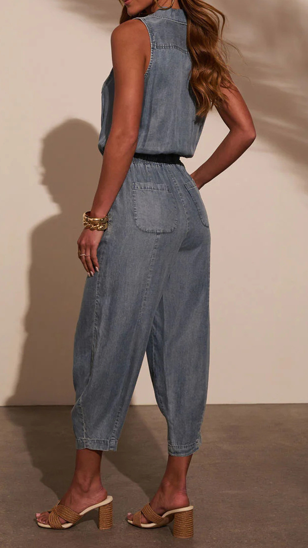 Women's Sleeveless Lapel Denim Waist‑Cinch Cropped Jumpsuit - Nordfashionstorm - Women's Clothing, Fashion for You - Nordfashionstorm.com