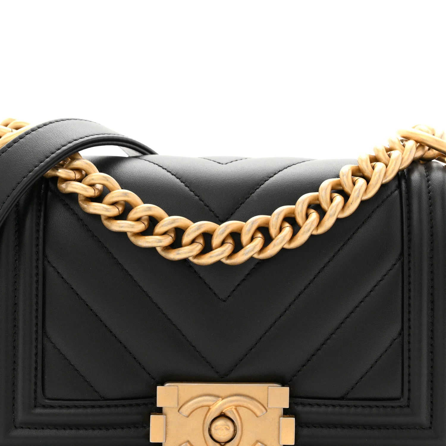 Calfskin Chevron Quilted Small Boy Flap Black - Top Club