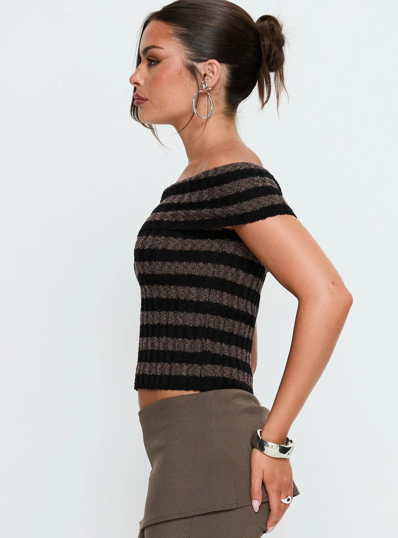 Murmur Off Shoulder Top Brown / Black Stripe