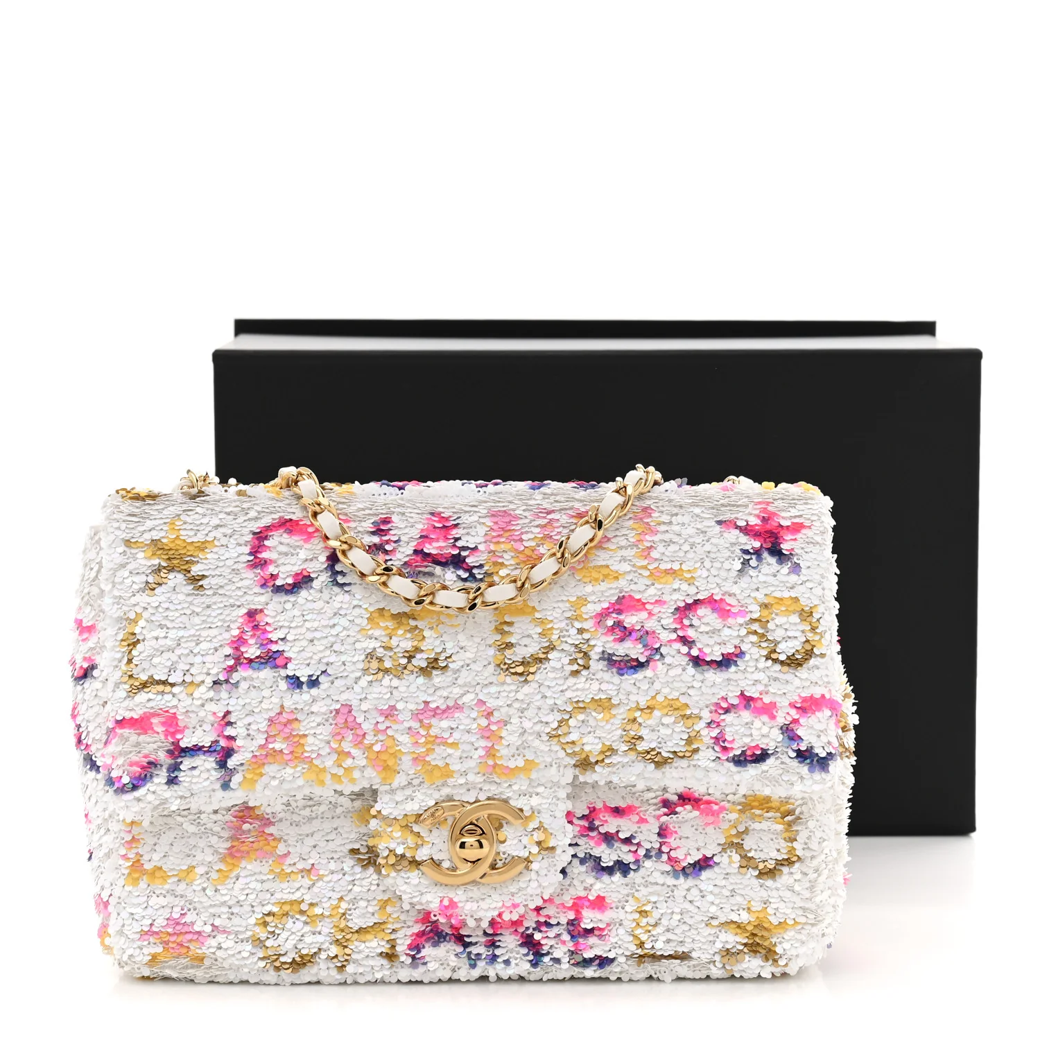 Sequin Logo CC Small Single Flap White Multicolor - Top Club