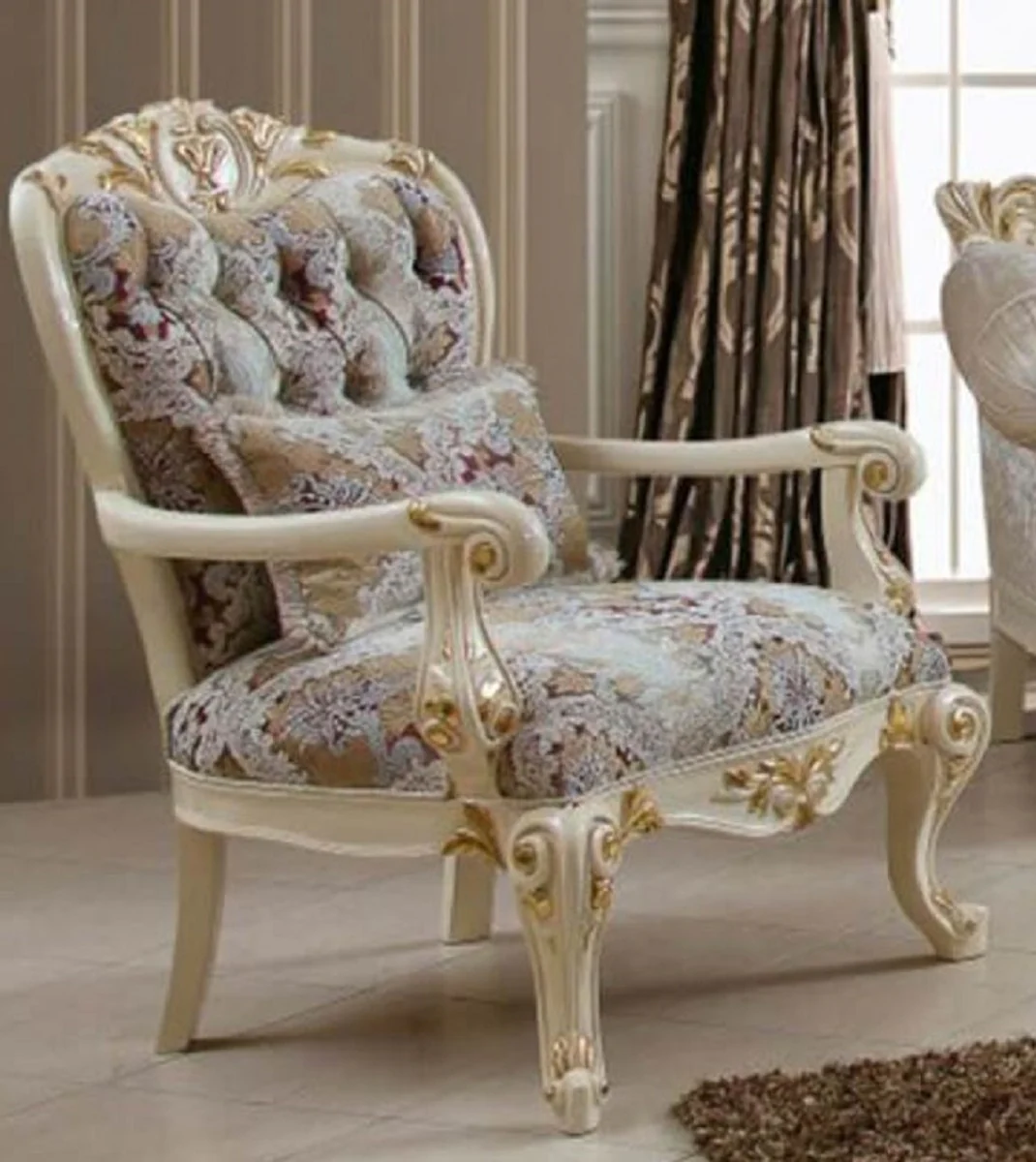 Luxury Baroque Living Room Set White / Brown / Multicolored / Cream / Gold - 2 Baroque Sofas & 2 Baroque Armchairs & 1 Baroque Coffee Table - Luxury Living Room Furniture in Baroque Style - Baroque Furniture