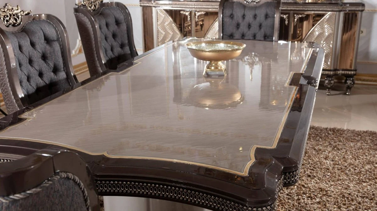 Luxury Baroque Dining Room Chair Set of 6 Blue / Gray / Dark Brown / Gold - Baroque Style Kitchen Chairs with Pattern - Luxury Dining Room Furniture in Baroque Style - Baroque Dining Room Furniture