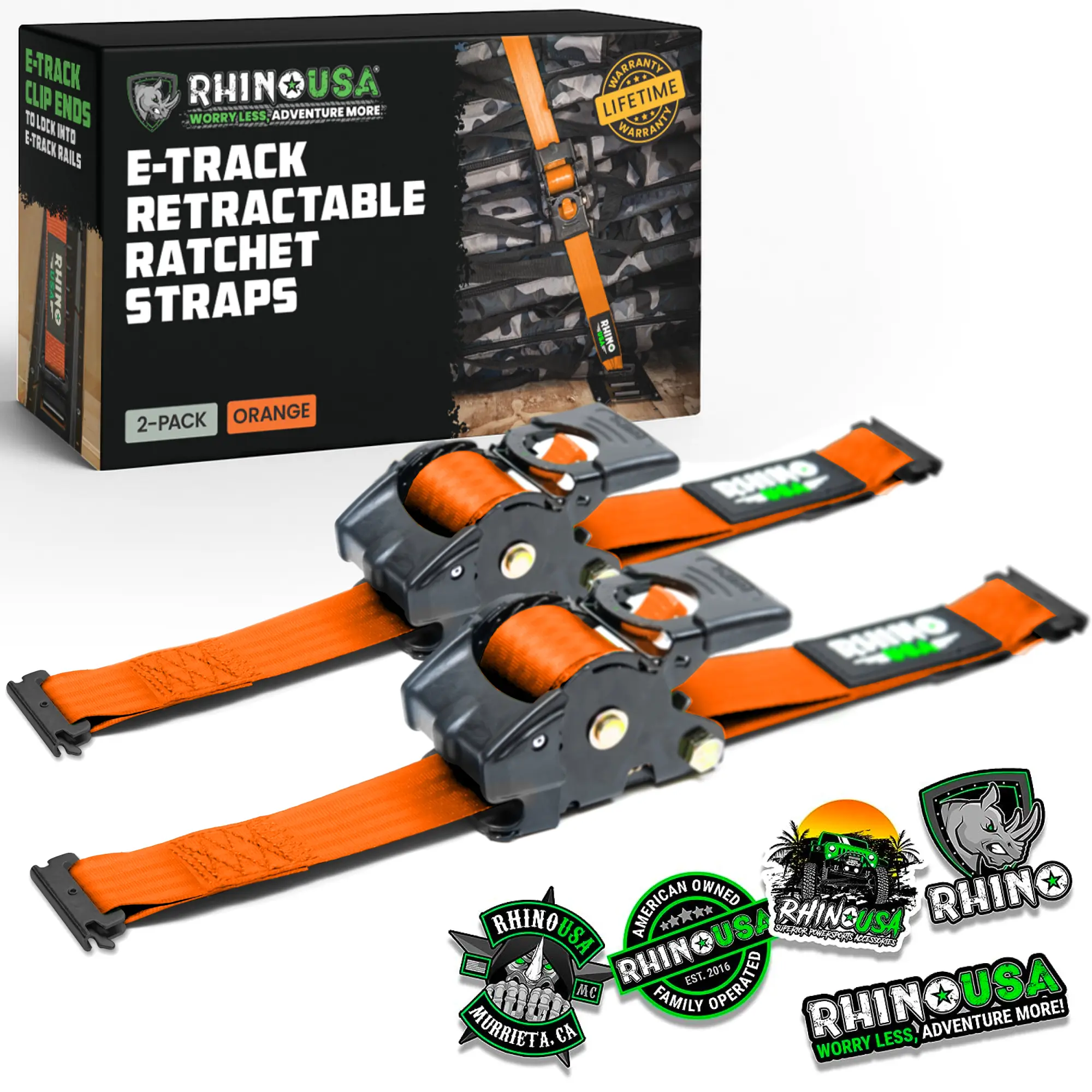 Rhino USA 2”x10’ Retractable E-Track Ratchet Straps: 3033lb Max Break Strength Compatible with E Track Rail Systems only