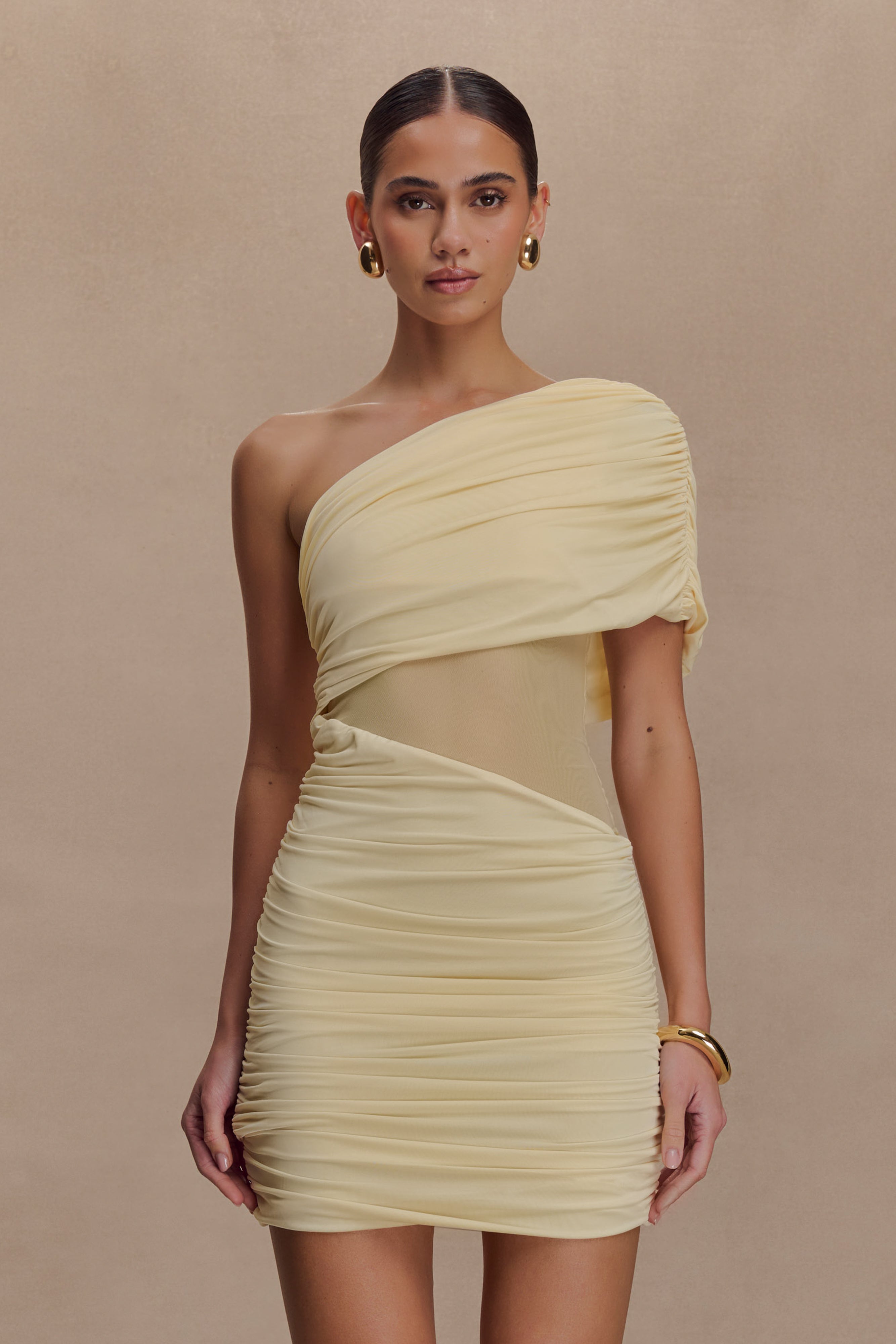 Dallas One Shoulder Mesh Mini Dress - Lemon