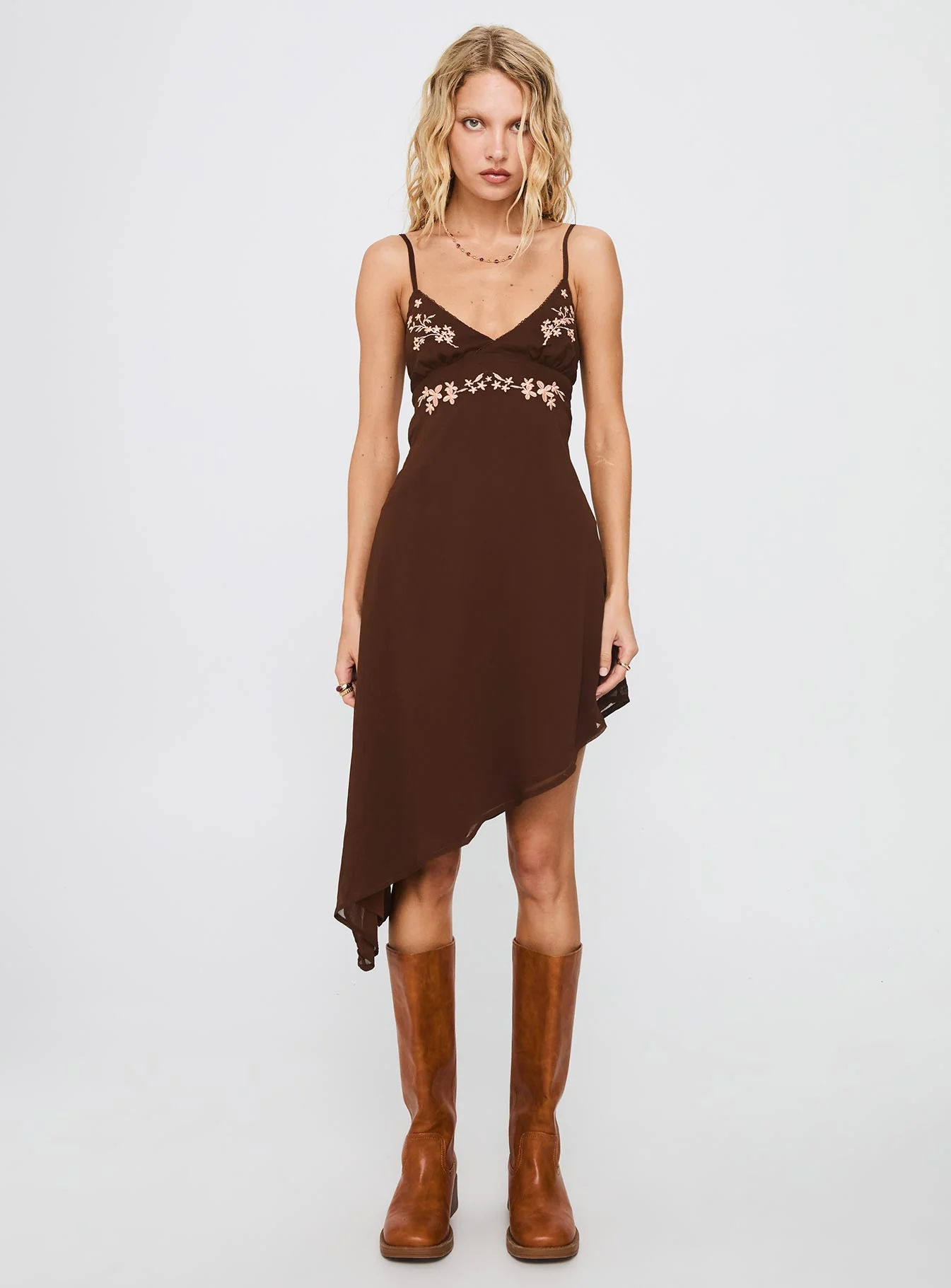 Secret Gardens Asymmetrical Midi Dress Brown