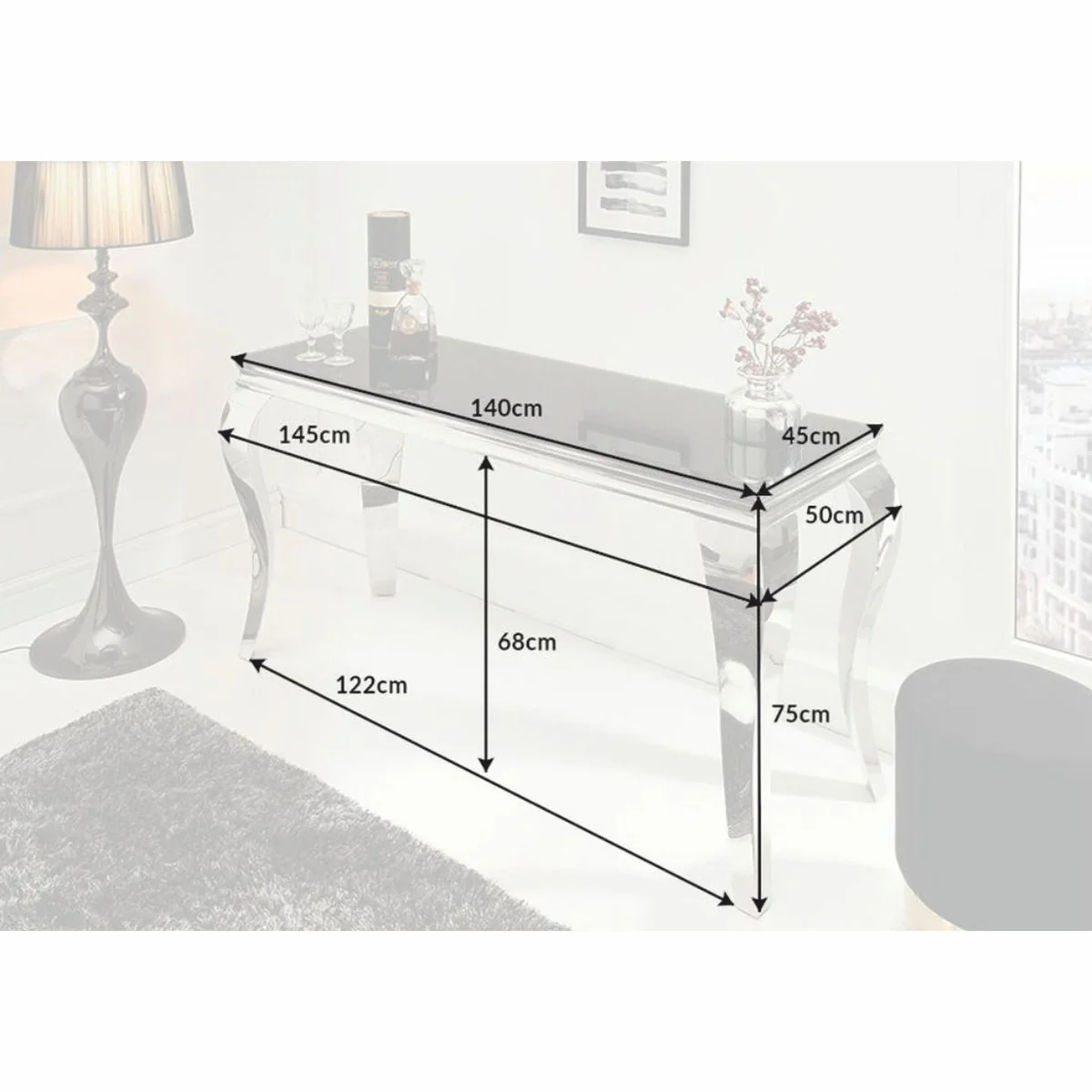 Baroque stainless steel console with glass top silver / black 145 cm