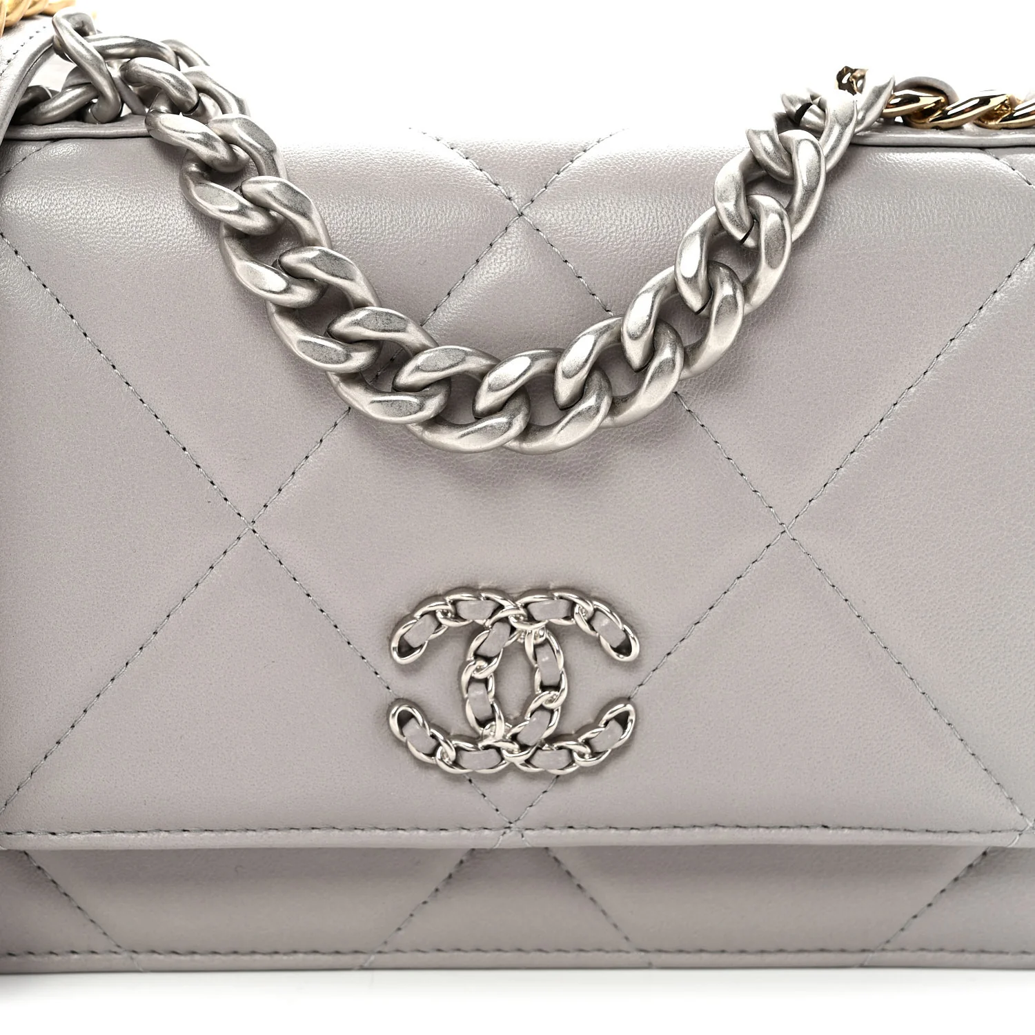 Lambskin Quilted Chanel 19 Wallet On Chain WOC Grey - Top Club
