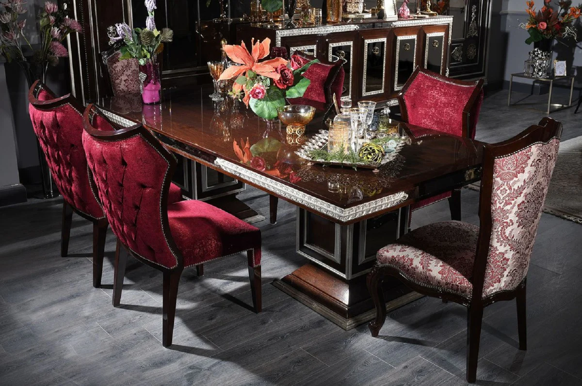 Luxury Baroque Dining Room Chair Beige / Bordeaux Red / Dark Brown / Silver - Handcrafted solid wood kitchen chair with elegant pattern - Magnificent dining room furniture in the Baroque style