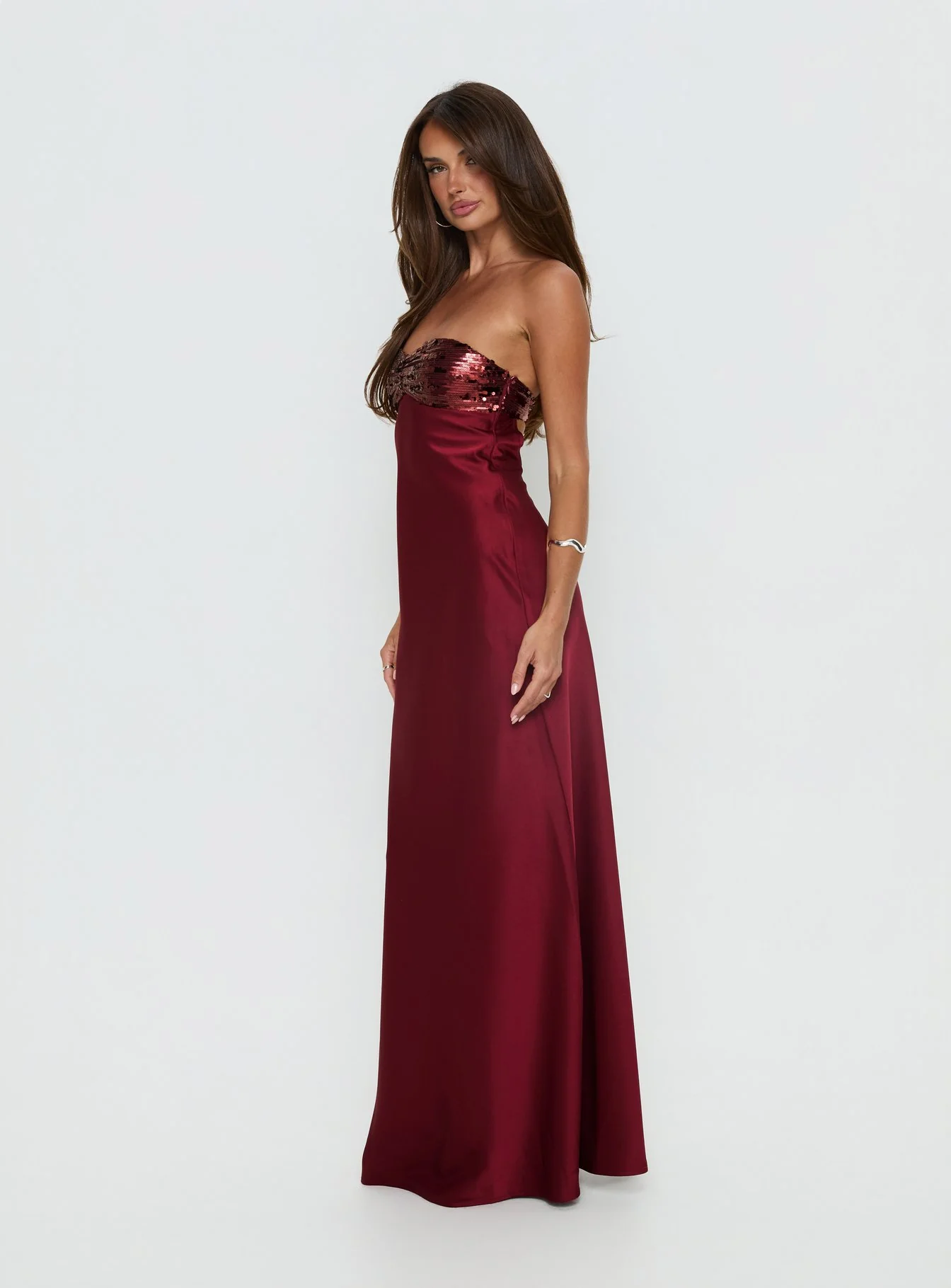 See The Vision Sequin Bust Strapless Maxi Dress Burgundy