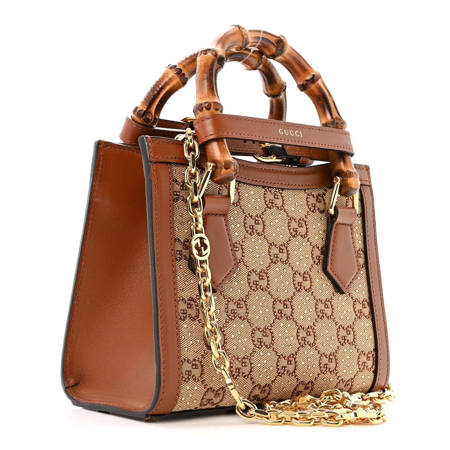 New Canvas Charisma Calfskin Crystal GG Monogram Mini Diana Tote Bag Camel Ebony