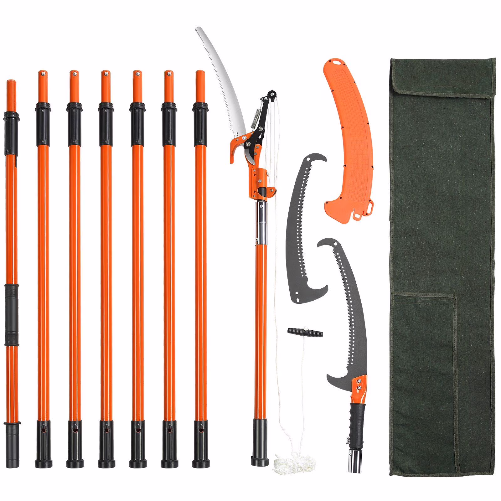 Manual Pole Saw, 7.3-27 ft Extendable Tree Pruner, Sharp Steel Blade and Scissors High Branches Trimming, Branch Trimmer with Lightweight 8 Fiberglass Handles, for Pruning Palms and Shrubs