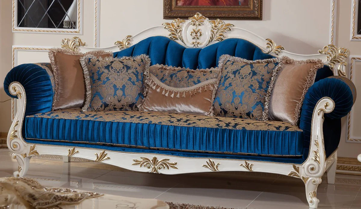 Luxury baroque sofa blue / brown / white / gold - magnificent living room sofa with elegant pattern - baroque style living room furniture - luxury furniture in baroque style - baroque furnishings