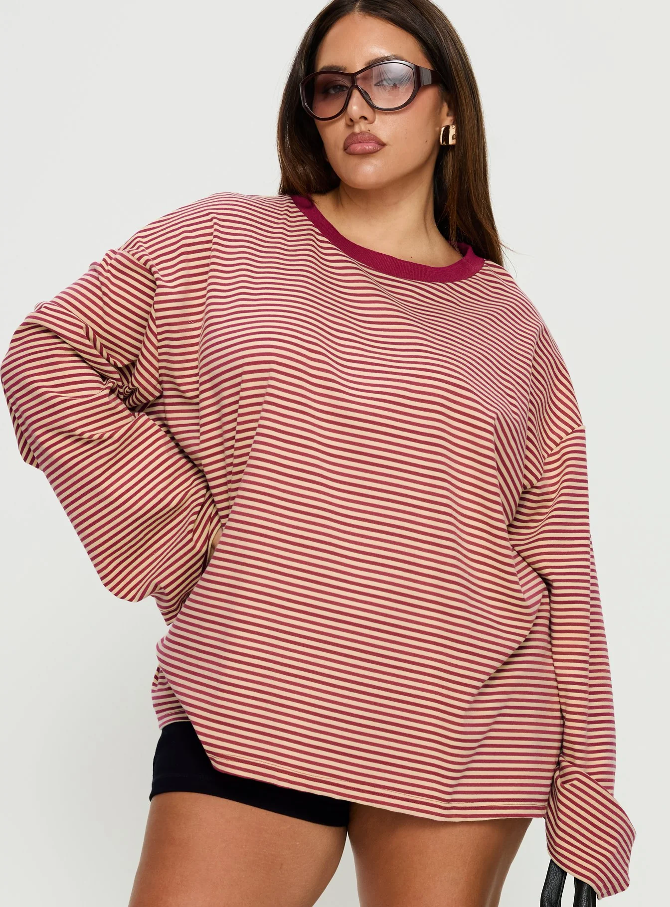 Settle Down Long Sleeve Top Lemon / Burgundy Stripe Curve