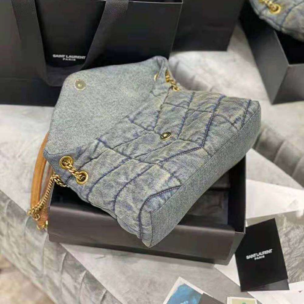 Y Puffer Small Bag in Quilted Vintage Denim and Suede - Top Club