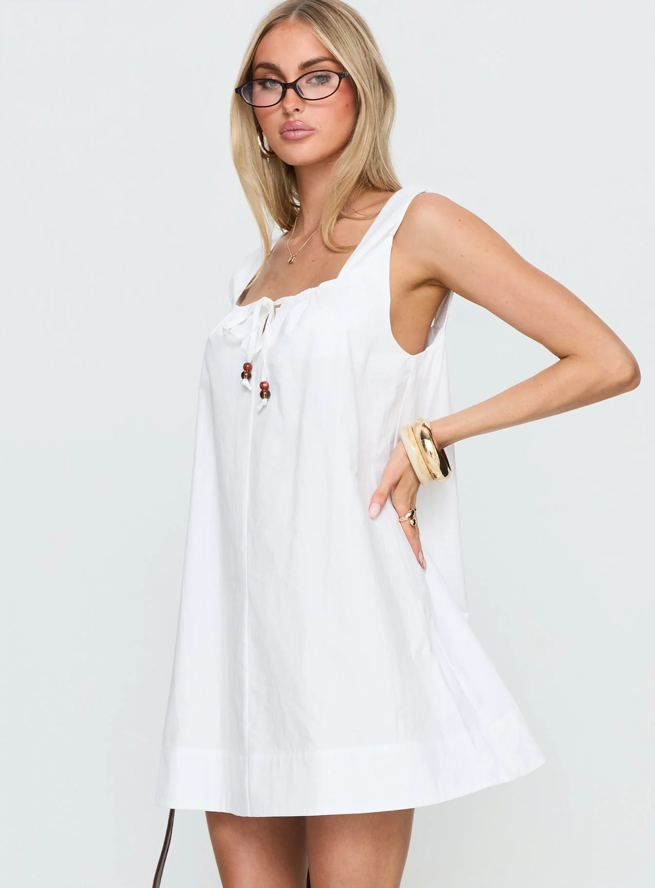 Barbel Square Neck Tie Detail Mini Dress White