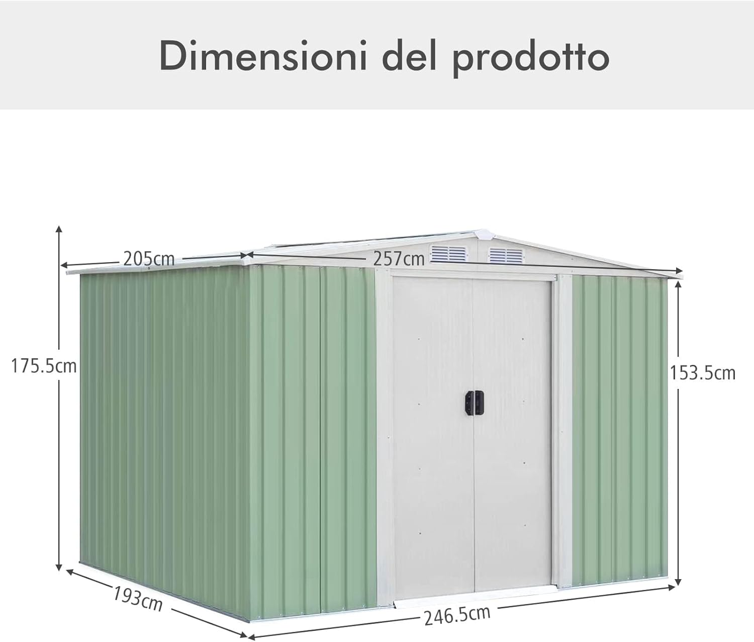 RELAX4LIFE Casetta da Giardino 5.26 m² 9.246 m³, 257x205x175,5 cm, in Lamiera d'Acciaio con 2 Porte Scorrevoli e 4 Sfoghi, Tetto Inclinato, per Porta Attrezzi, Tosaerba
