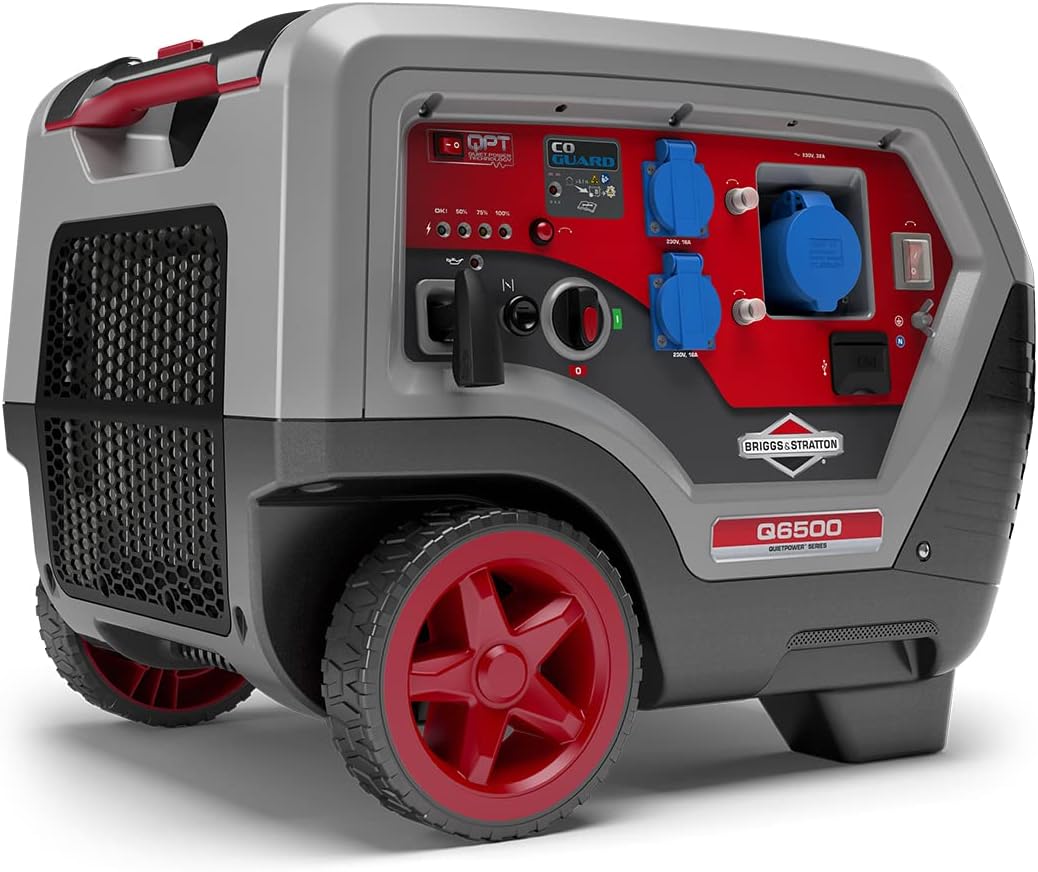 Briggs and Stratton Serie Q6500 Quiet Power Technology, con Tecnologia a Inverter Portatile a Benzina, 6500 Watt/5000 Watt di Potenza Pulita, Ultra Silenzioso e Leggero, Nero, Argento, Q6500