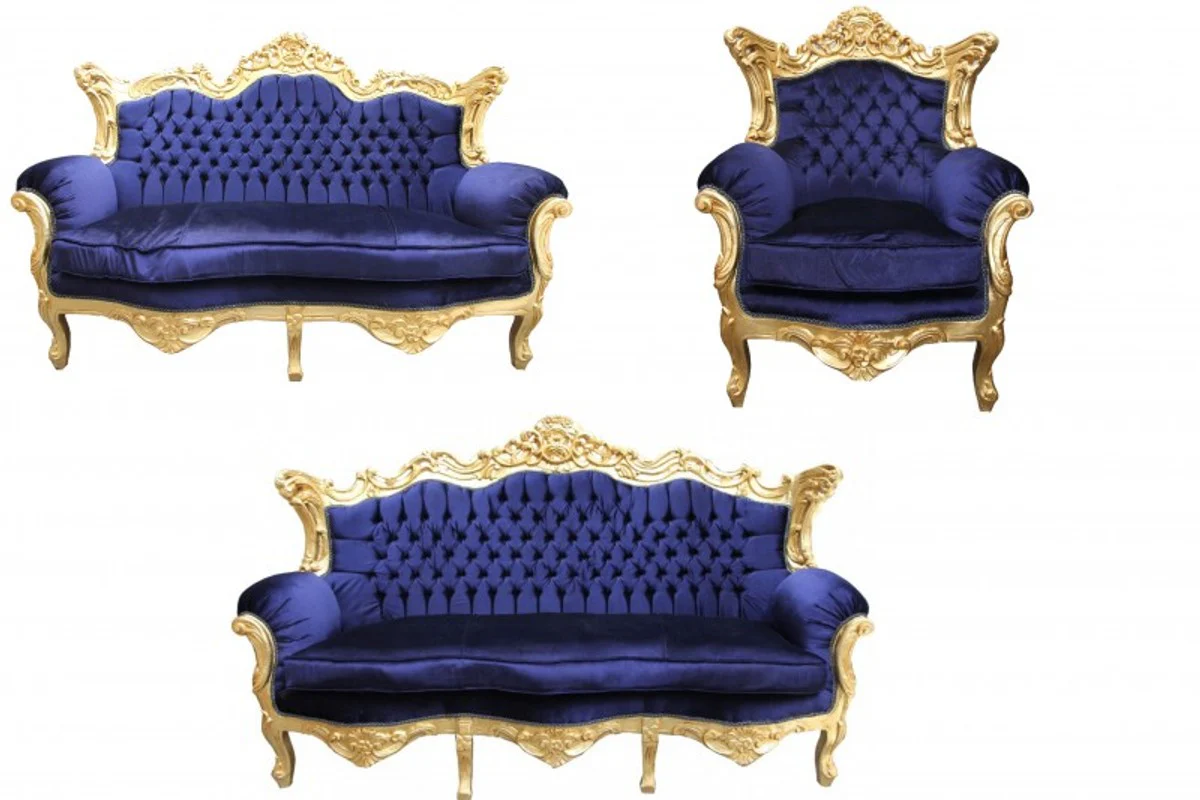 Baroque living room set royal blue / gold - 3 seater sofa + 2 seater sofa + 1 armchair