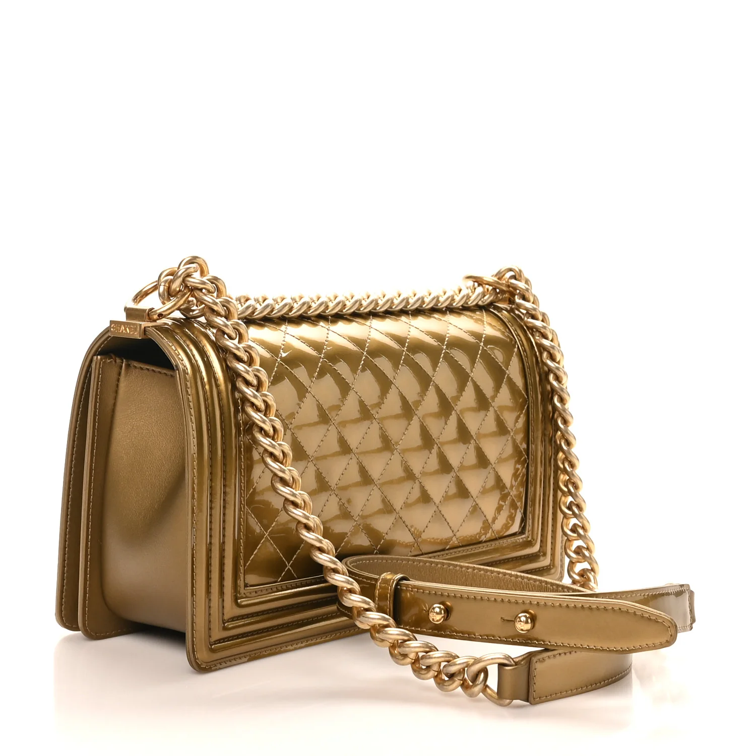Metallic Patent Calfskin Quilted Medium Boy Flap Gold - Top Club