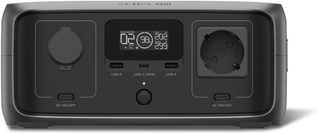 ECOFLOW Centrale elettrica portatile RIVER 3(gruppo di continuità 10 ms), batteria LFP da 245Wh, uscita max 600W, tempo di funz. doppio con GaN, generatore solare 30% + compatto x esterni, camping