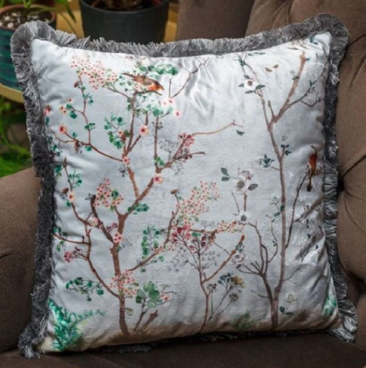 Luxury decorative cushion plants & birds gray / multicolored 45 x 45 cm - printed velvet cushion with fringes - luxury quality