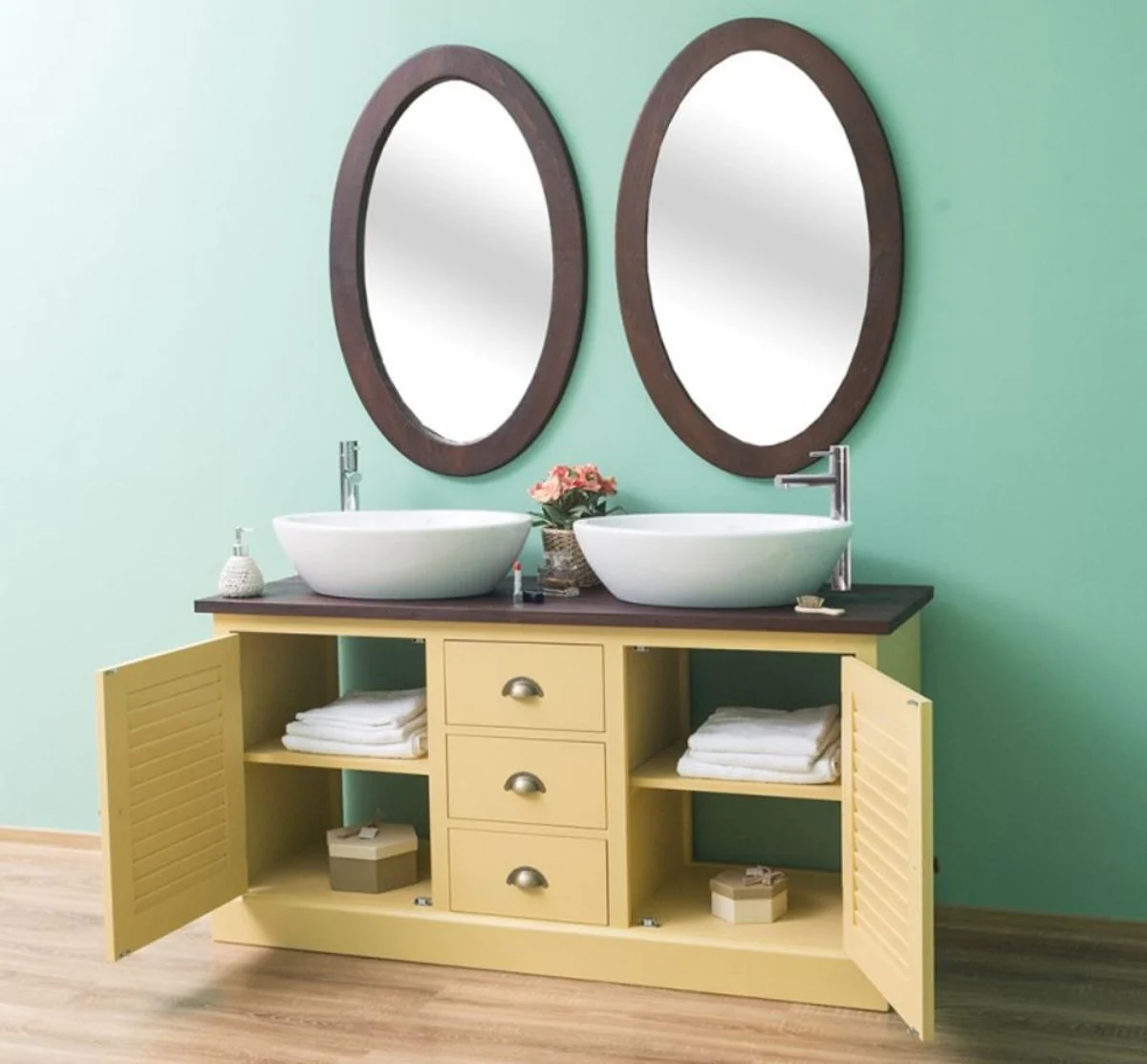 Country house style bathroom set yellow / dark brown - 1 double washbasin & 2 wall mirrors - solid wood bathroom furniture in country house style