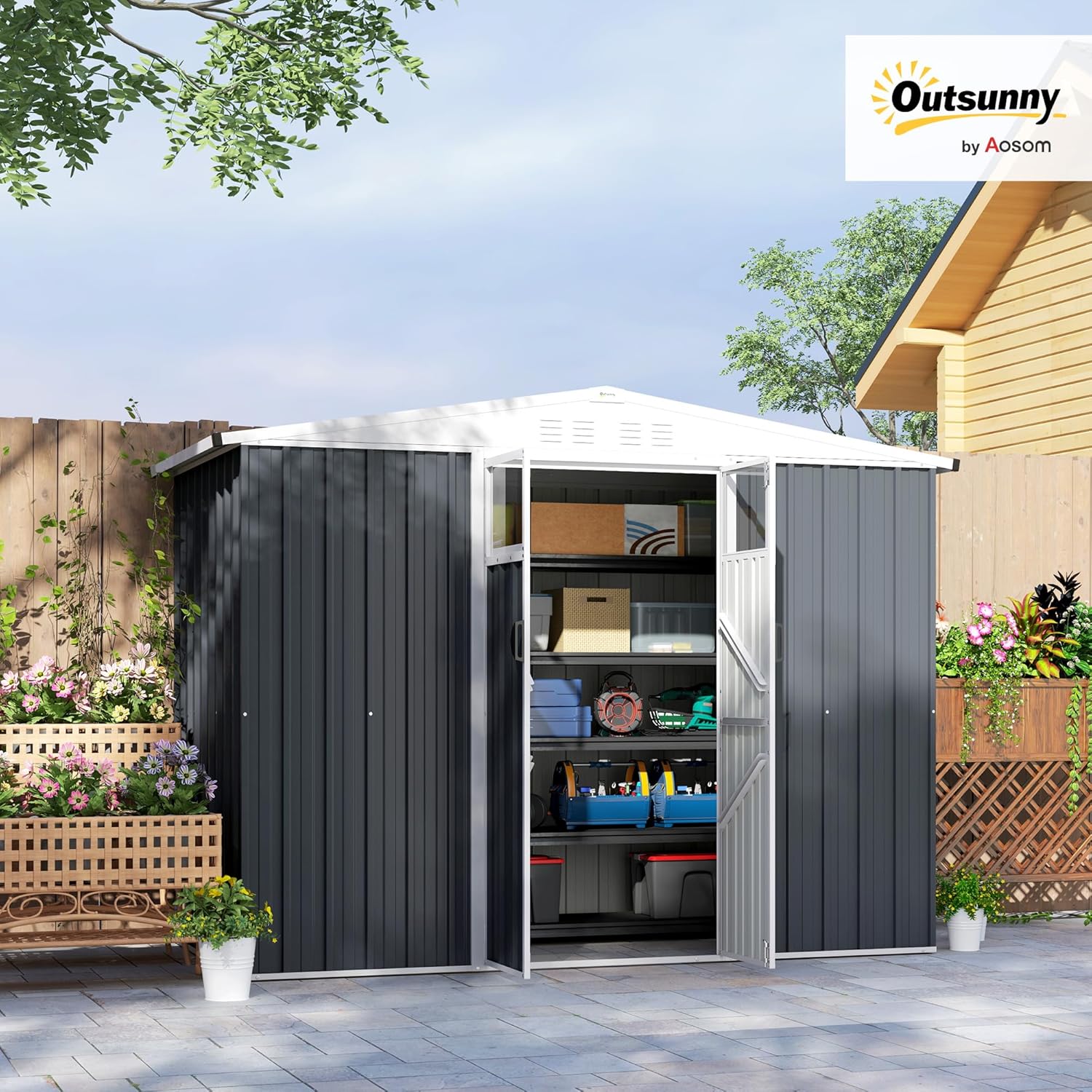 Outsunny Casetta da Giardino 2.7m² in Acciaio Zincato con 4 Prese d'Aria e 2 Finestre Trasparenti, Capanno Porta Attrezzi con Tetto Inclinato, Doppio Porte Bloccabili con Chiavi e Guanti, Grigio Scuro