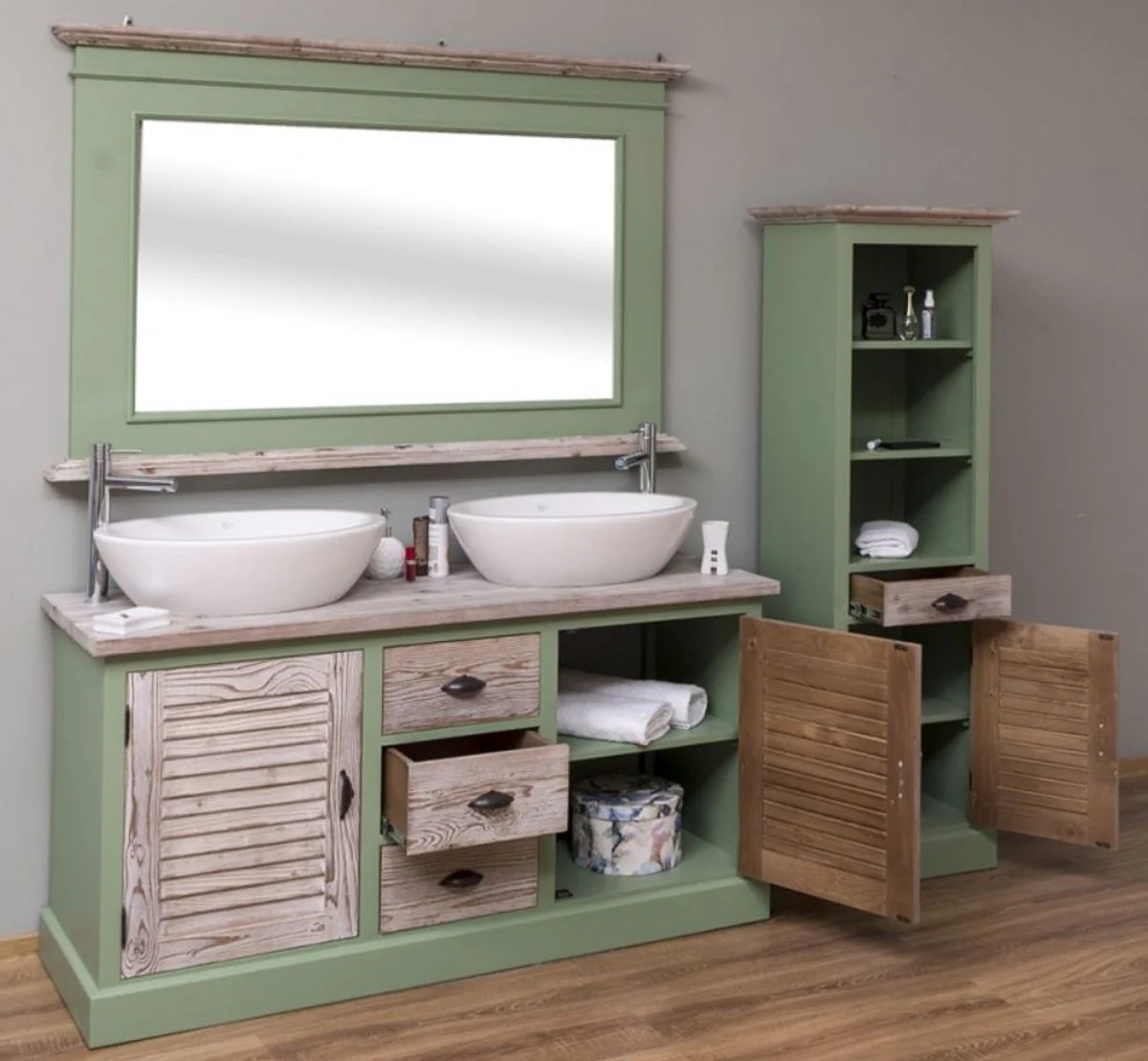 Country house style bathroom set green / natural colors - 1 double washbasin & 1 wall mirror & 1 shelf cabinet - solid wood bathroom furniture in country house style