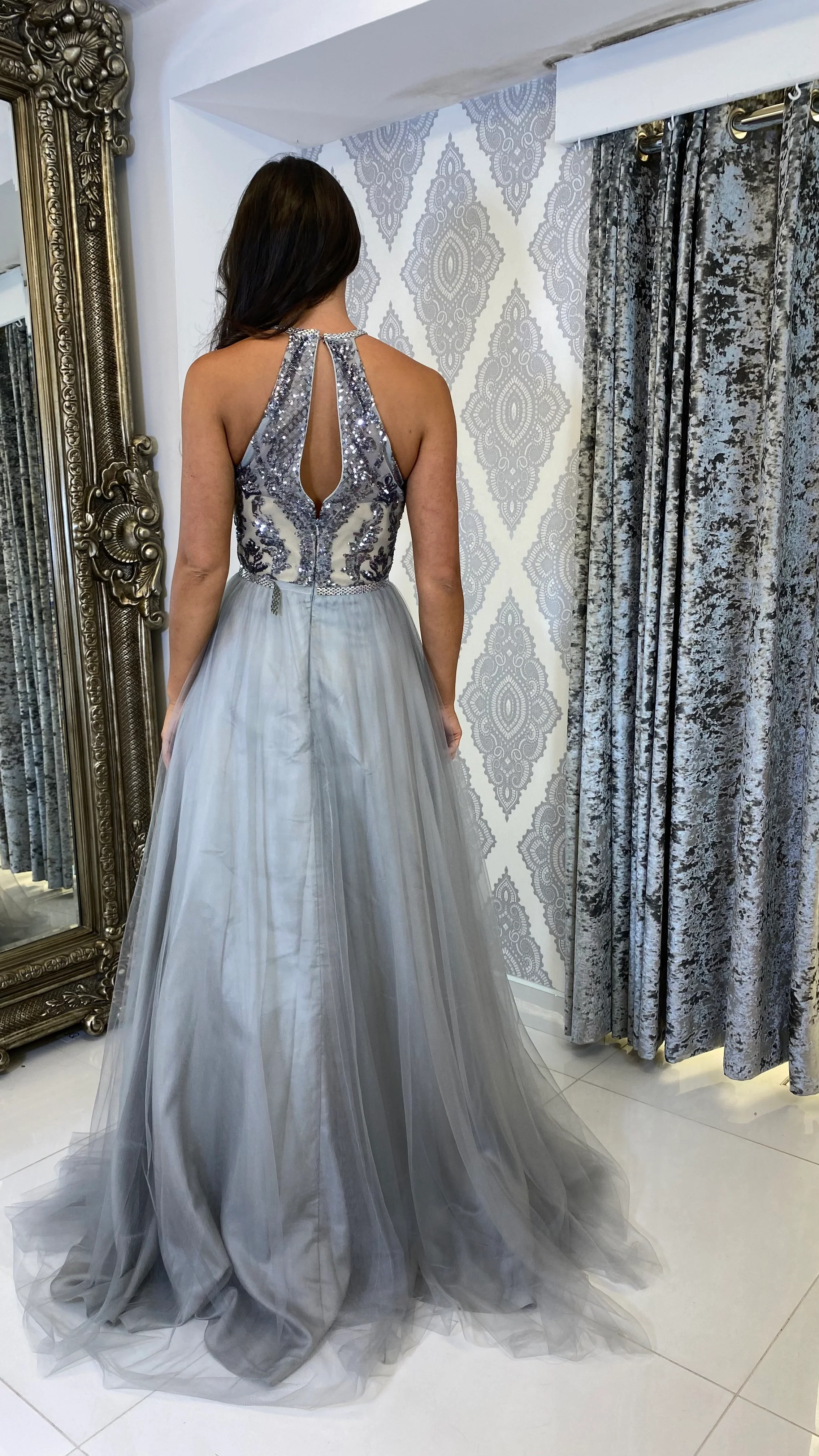 Silver Sequin Top Halterneck Ball Gown